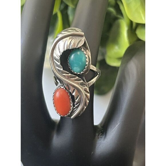 Navajo 925 Silver - Vintage Turquoise & Coral Floral Cocktail Ring Sz 6
